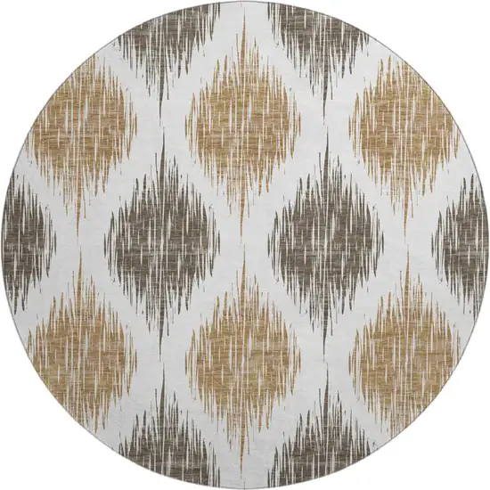 8' Chocolate And Ivory Ikat Washable Round Rug With UV Protection Photo 1