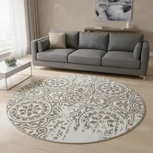 Photo of 8' Chocolate And Ivory Medallion Washable Round Rug With UV Protection