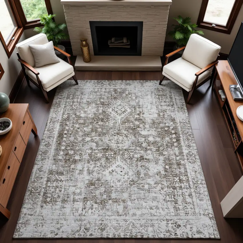 8' Chocolate And Ivory Oriental Washable Area Rug With UV Protection Photo 5