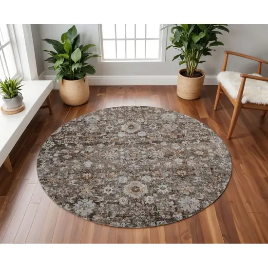 8' Chocolate And Ivory Oriental Washable Round Rug With UV Protection Photo 2