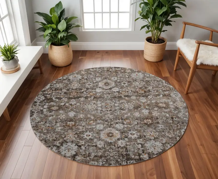 8' Chocolate And Ivory Oriental Washable Round Rug With UV Protection Photo 2