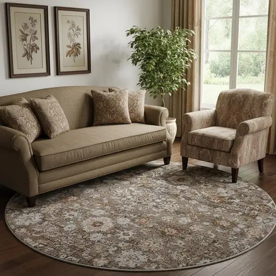 8' Chocolate And Ivory Oriental Washable Round Rug With UV Protection Photo 1