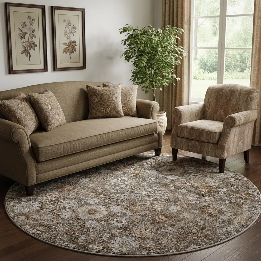 8' Chocolate And Ivory Oriental Washable Round Rug With UV Protection Photo 1