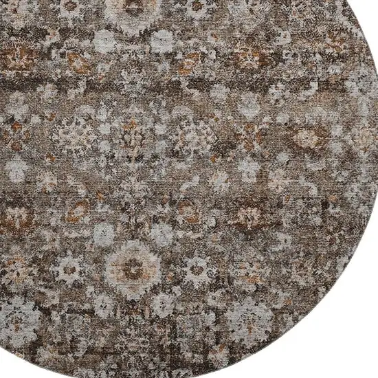 8' Chocolate And Ivory Oriental Washable Round Rug With UV Protection Photo 3