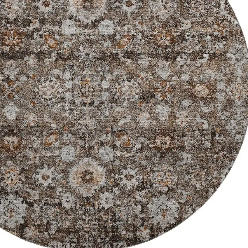 8' Chocolate And Ivory Oriental Washable Round Rug With UV Protection Photo 3