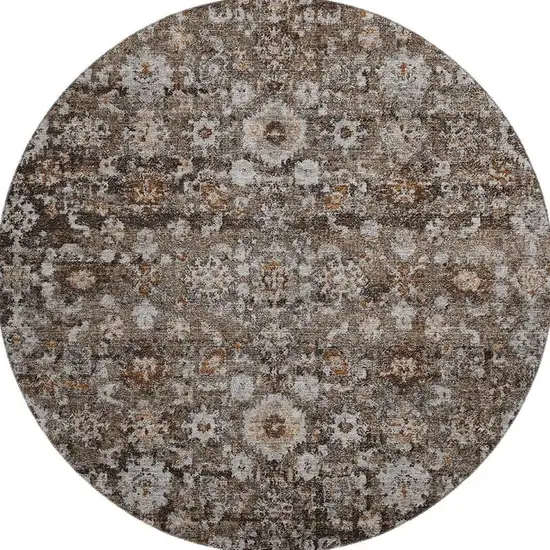 8' Chocolate And Ivory Oriental Washable Round Rug With UV Protection Photo 4