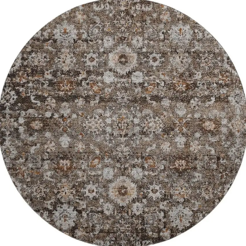 8' Chocolate And Ivory Oriental Washable Round Rug With UV Protection Photo 4