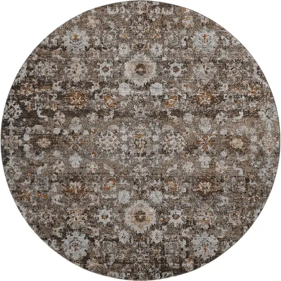8' Chocolate And Ivory Oriental Washable Round Rug With UV Protection Photo 1