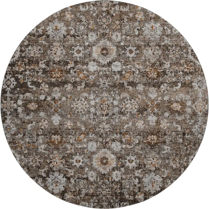 8' Chocolate And Ivory Oriental Washable Round Rug With UV Protection Photo 1
