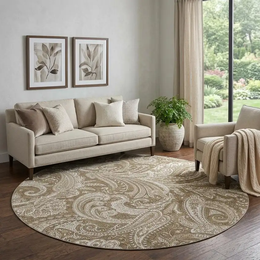 8' Chocolate And Ivory Paisley Washable Round Rug With UV Protection Photo 1