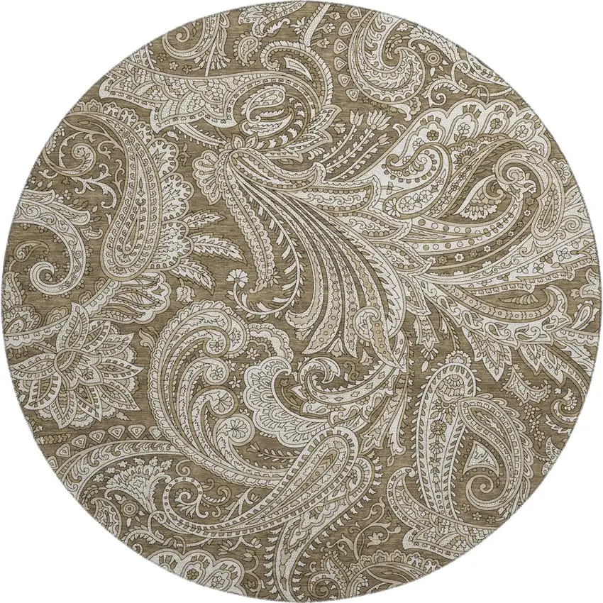 8' Chocolate And Ivory Paisley Washable Round Rug With UV Protection Photo 1