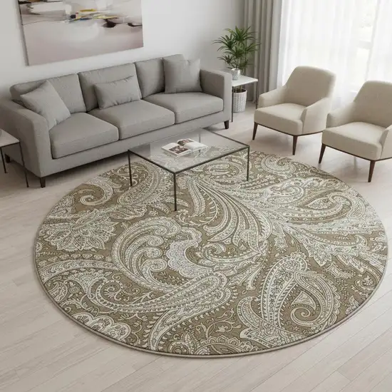 8' Chocolate And Ivory Paisley Washable Round Rug With UV Protection Photo 2