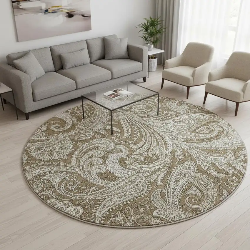 8' Chocolate And Ivory Paisley Washable Round Rug With UV Protection Photo 2