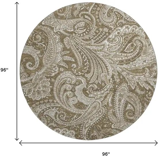 8' Chocolate And Ivory Paisley Washable Round Rug With UV Protection Photo 4
