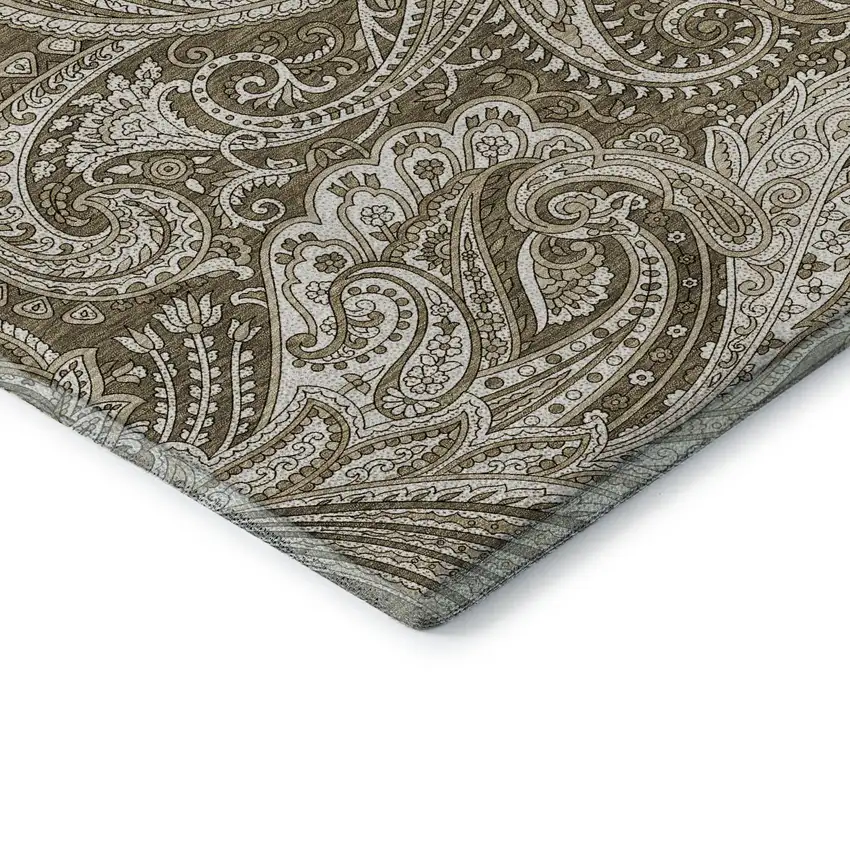 8' Chocolate And Ivory Paisley Washable Round Rug With UV Protection Photo 6