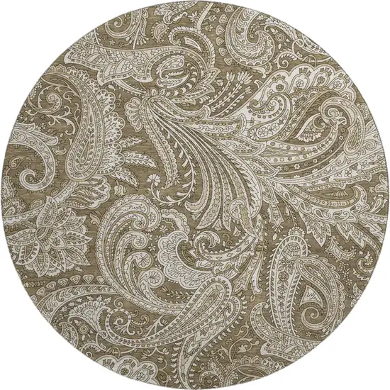8' Chocolate And Ivory Paisley Washable Round Rug With UV Protection Photo 2