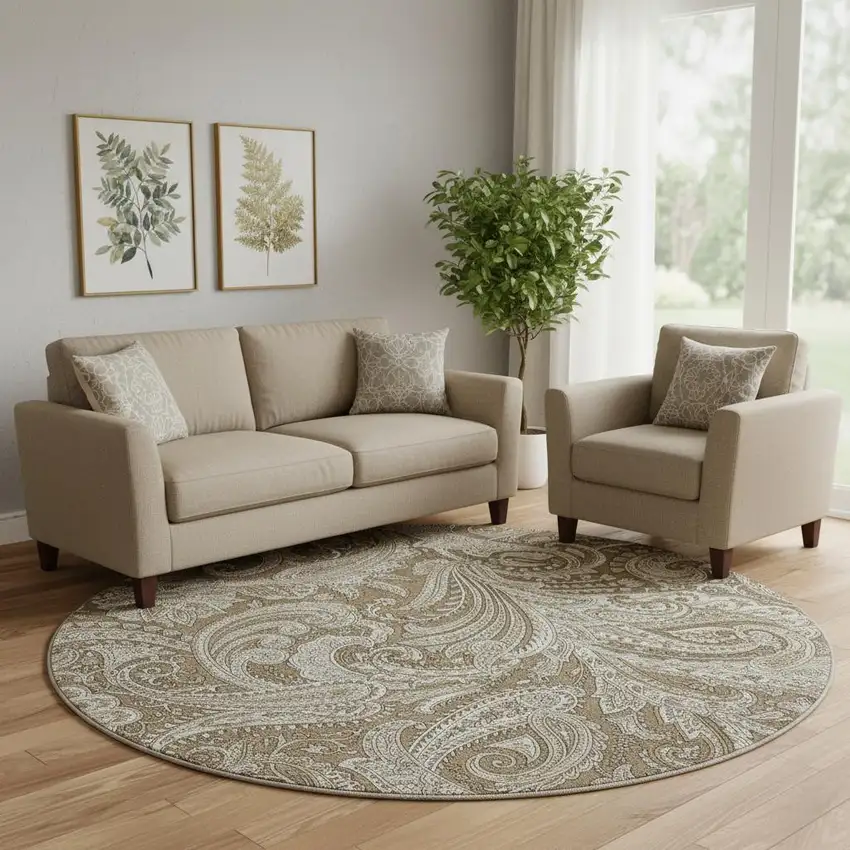 8' Chocolate And Ivory Paisley Washable Round Rug With UV Protection Photo 1