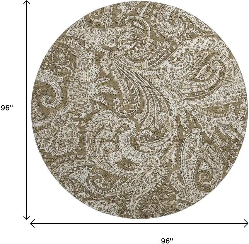 8' Chocolate And Ivory Paisley Washable Round Rug With UV Protection Photo 6