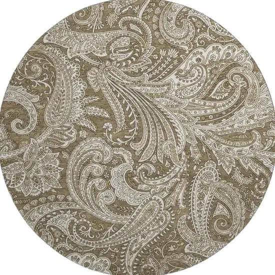 8' Chocolate And Ivory Paisley Washable Round Rug With UV Protection Photo 3