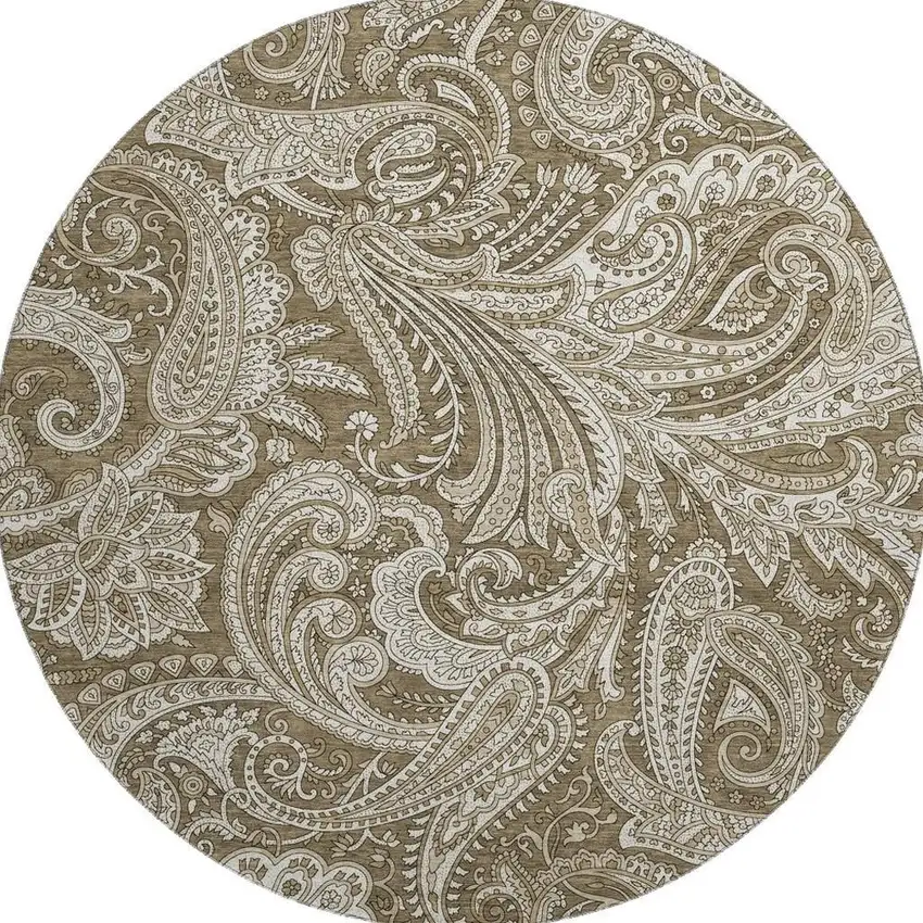 8' Chocolate And Ivory Paisley Washable Round Rug With UV Protection Photo 3