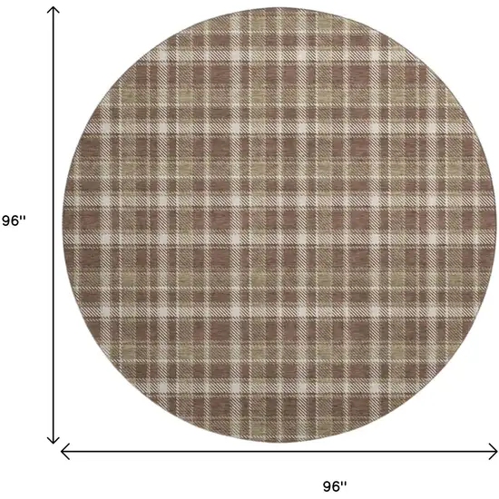 8' Chocolate And Ivory Plaid Washable Round Rug With UV Protection Photo 3