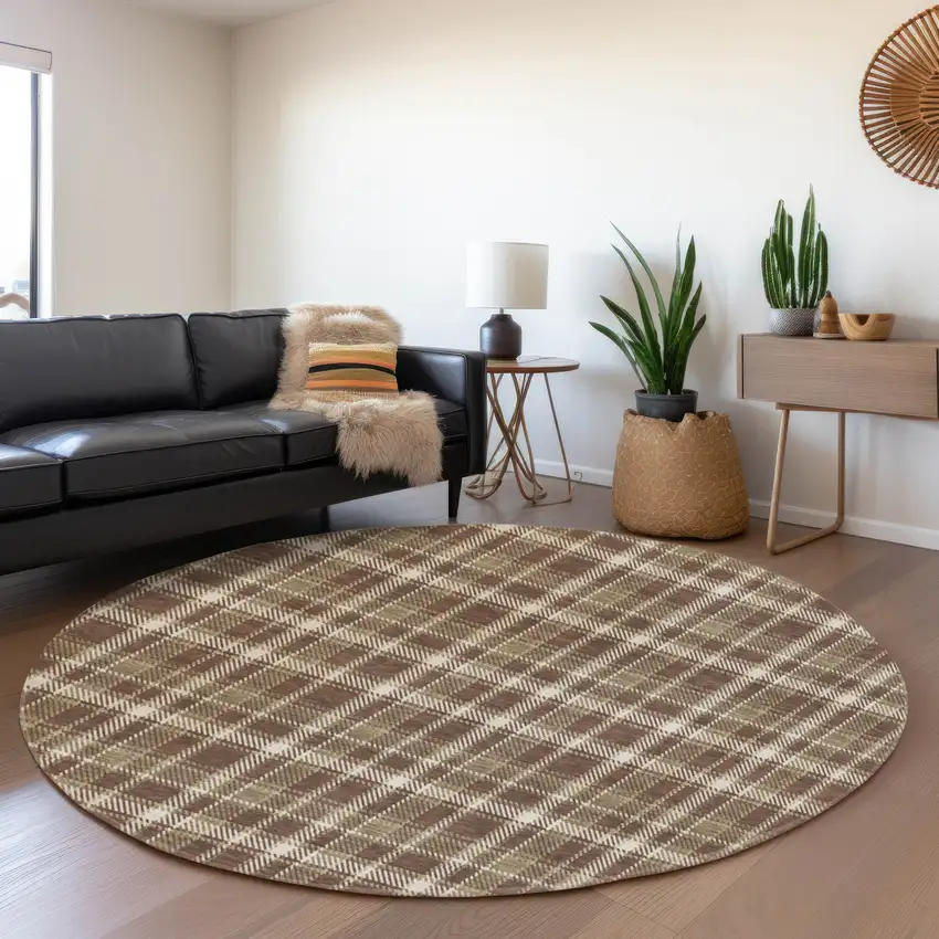 8' Chocolate And Ivory Plaid Washable Round Rug With UV Protection Photo 3