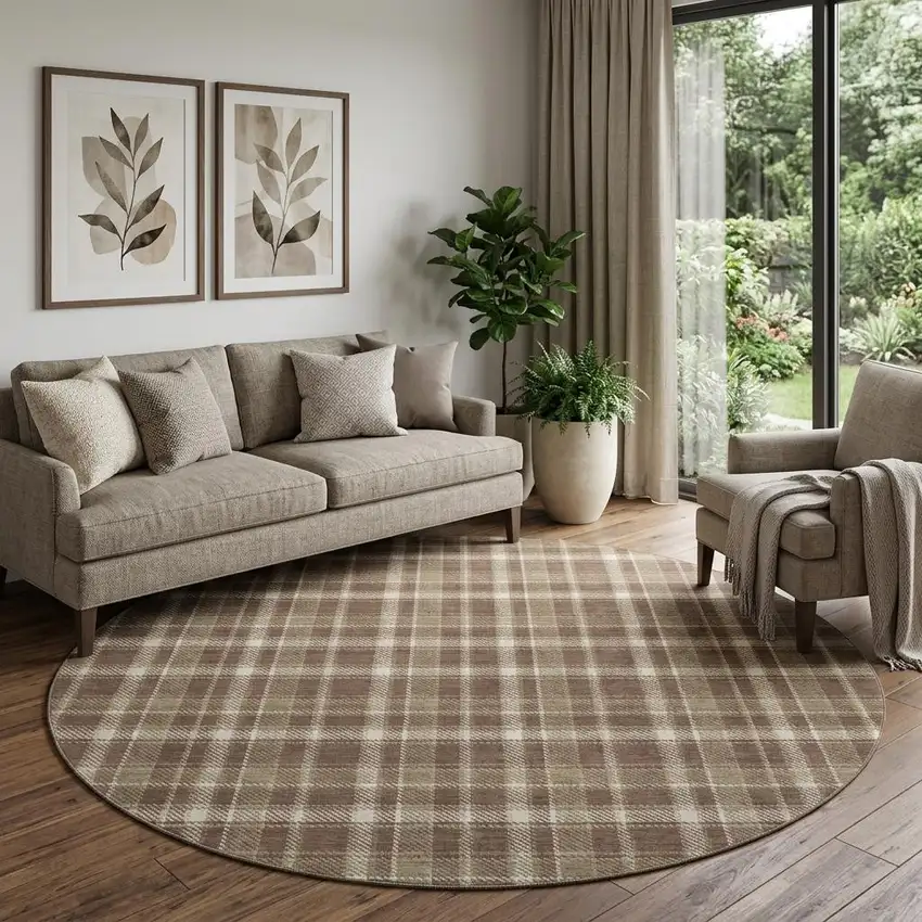 8' Chocolate And Ivory Plaid Washable Round Rug With UV Protection Photo 1