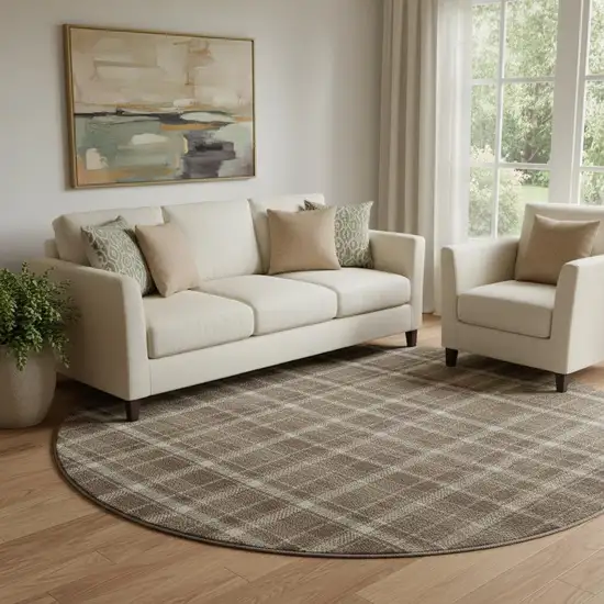 8' Chocolate And Ivory Plaid Washable Round Rug With UV Protection Photo 1