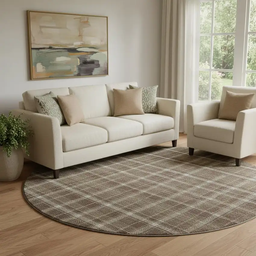 8' Chocolate And Ivory Plaid Washable Round Rug With UV Protection Photo 1