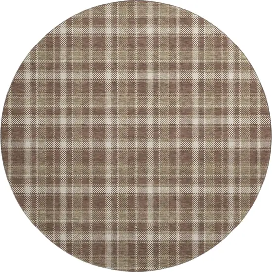 8' Chocolate And Ivory Plaid Washable Round Rug With UV Protection Photo 1