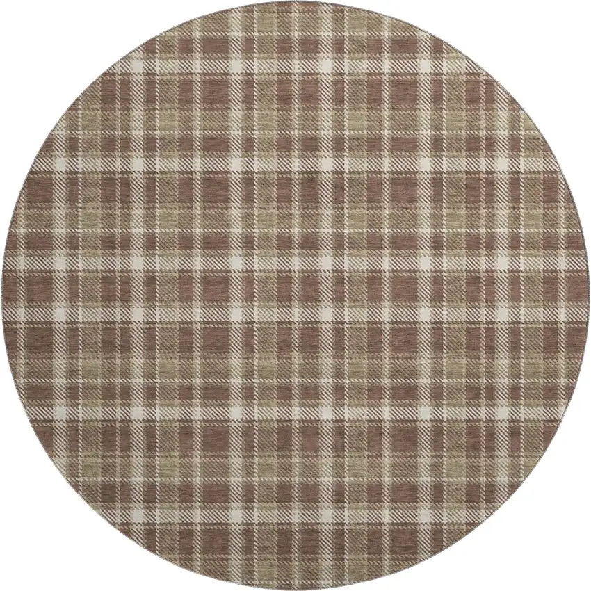 8' Chocolate And Ivory Plaid Washable Round Rug With UV Protection Photo 1