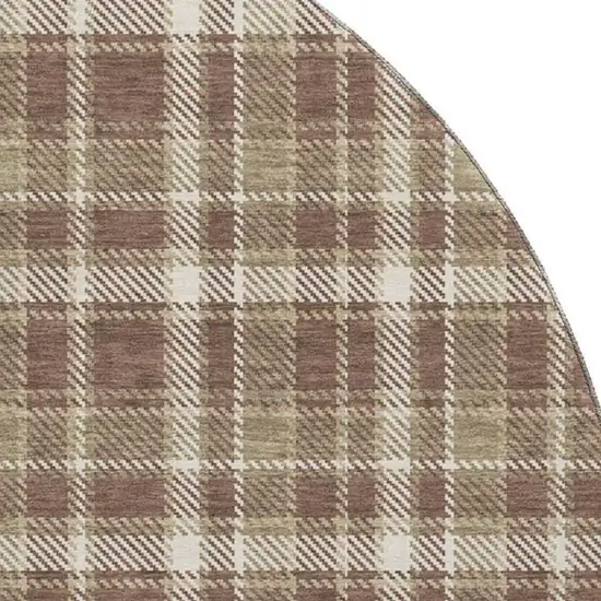 8' Chocolate And Ivory Plaid Washable Round Rug With UV Protection Photo 3