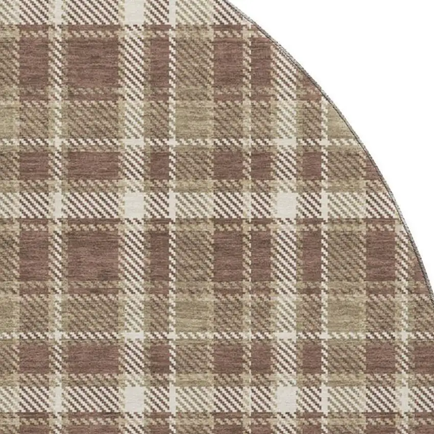 8' Chocolate And Ivory Plaid Washable Round Rug With UV Protection Photo 3