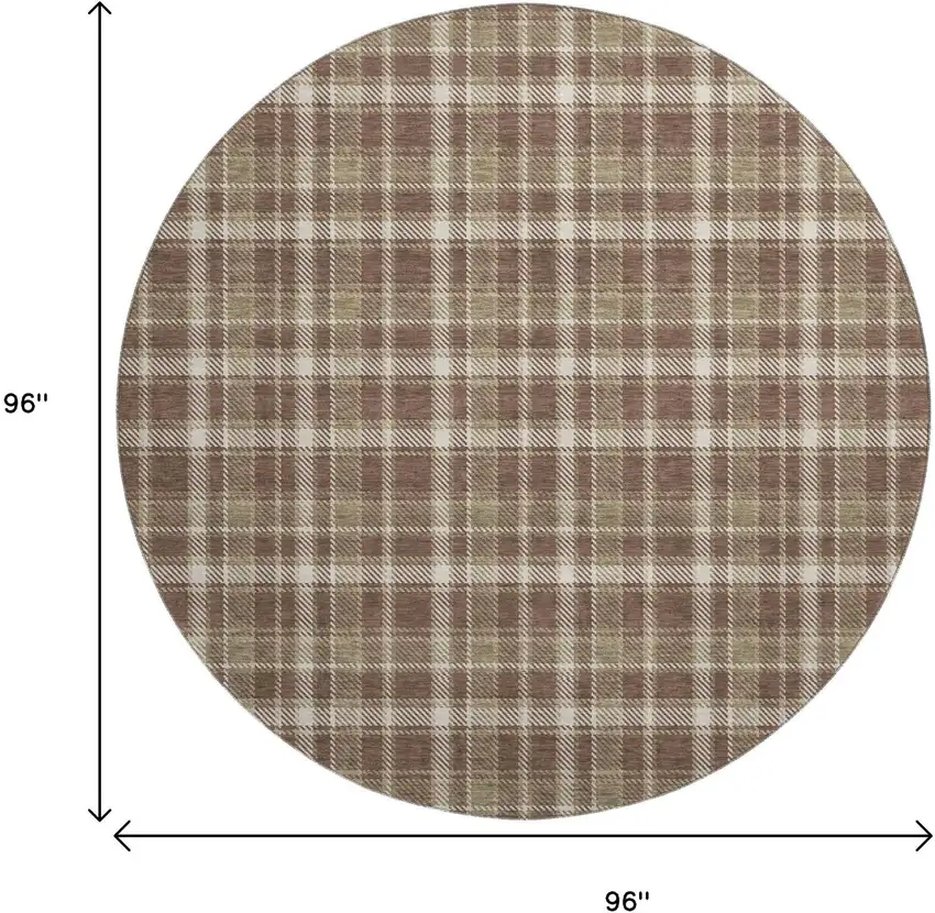 8' Chocolate And Ivory Plaid Washable Round Rug With UV Protection Photo 7