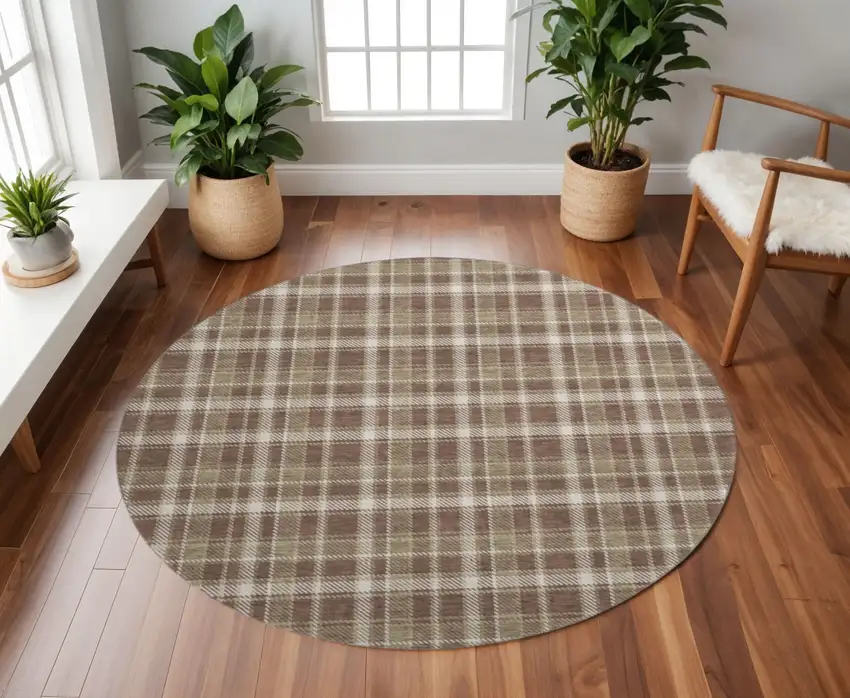 8' Chocolate And Ivory Plaid Washable Round Rug With UV Protection Photo 2