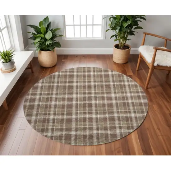 8' Chocolate And Ivory Plaid Washable Round Rug With UV Protection Photo 2