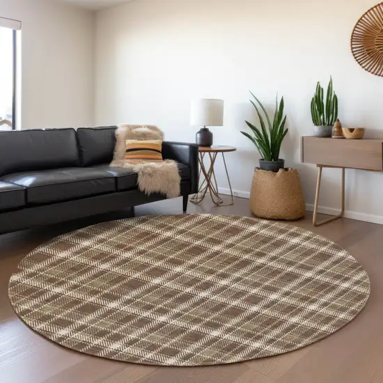 8' Chocolate And Ivory Plaid Washable Round Rug With UV Protection Photo 5