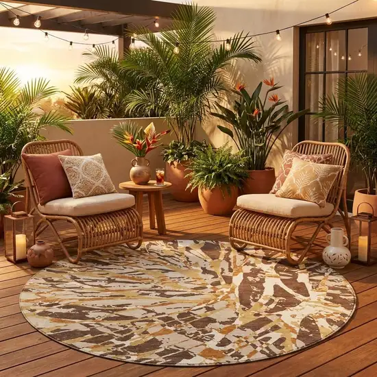 8' Chocolate And Ivory Round Abstract Washable Indoor Outdoor Area Rug Photo 1