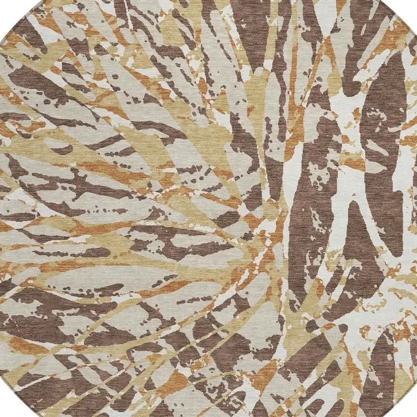 8' Chocolate And Ivory Round Abstract Washable Indoor Outdoor Area Rug Photo 5