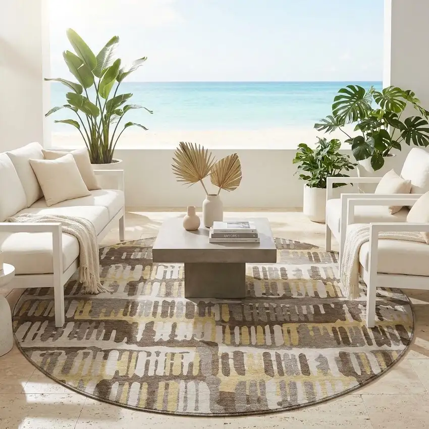 8' Chocolate And Ivory Round Abstract Washable Indoor Outdoor Area Rug Photo 1