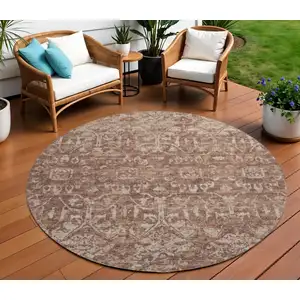 Photo of 8' Chocolate And Ivory Round Damask Washable Indoor Outdoor Area Rug