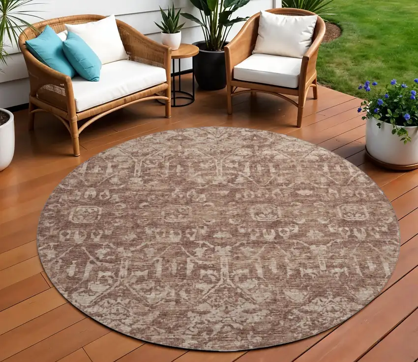 8' Chocolate And Ivory Round Damask Washable Indoor Outdoor Area Rug Photo 1