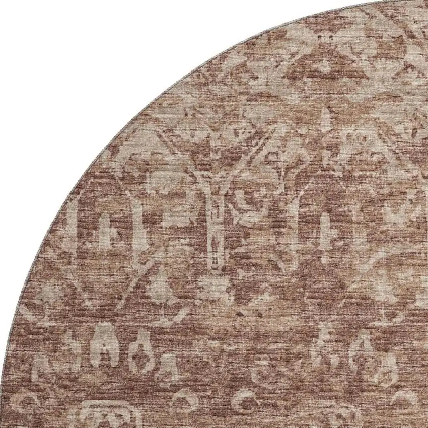 8' Chocolate And Ivory Round Damask Washable Indoor Outdoor Area Rug Photo 4