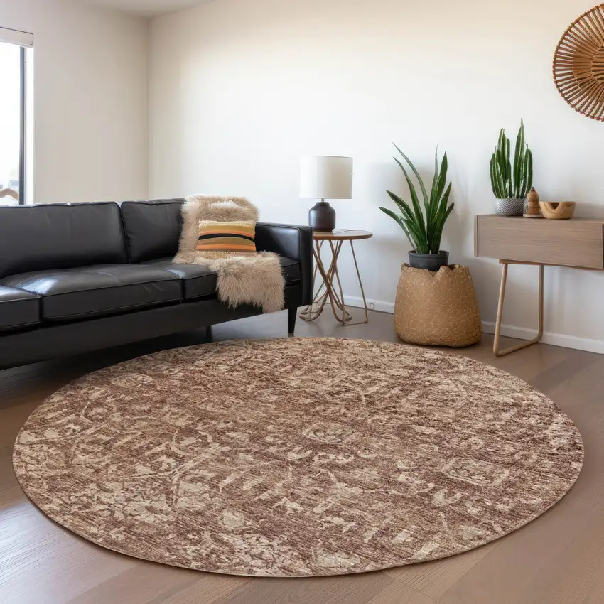 8' Chocolate And Ivory Round Damask Washable Indoor Outdoor Area Rug Photo 6