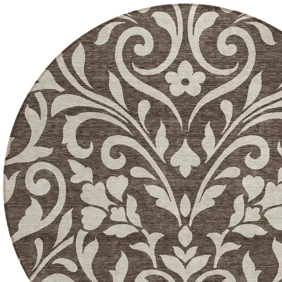 8' Chocolate And Ivory Round Floral Washable Indoor Outdoor Area Rug Photo 4