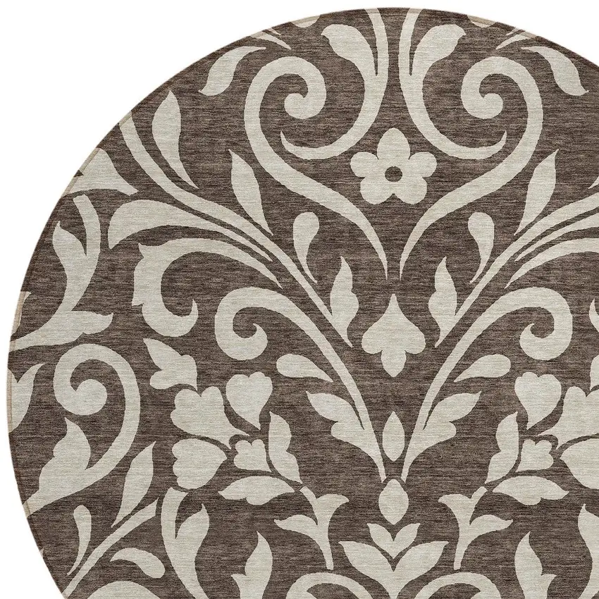 8' Chocolate And Ivory Round Floral Washable Indoor Outdoor Area Rug Photo 4