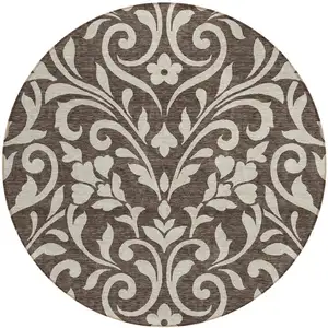 Photo of 8' Chocolate And Ivory Round Floral Washable Indoor Outdoor Area Rug