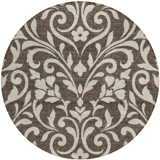 8' Chocolate And Ivory Round Floral Washable Indoor Outdoor Area Rug Photo 5