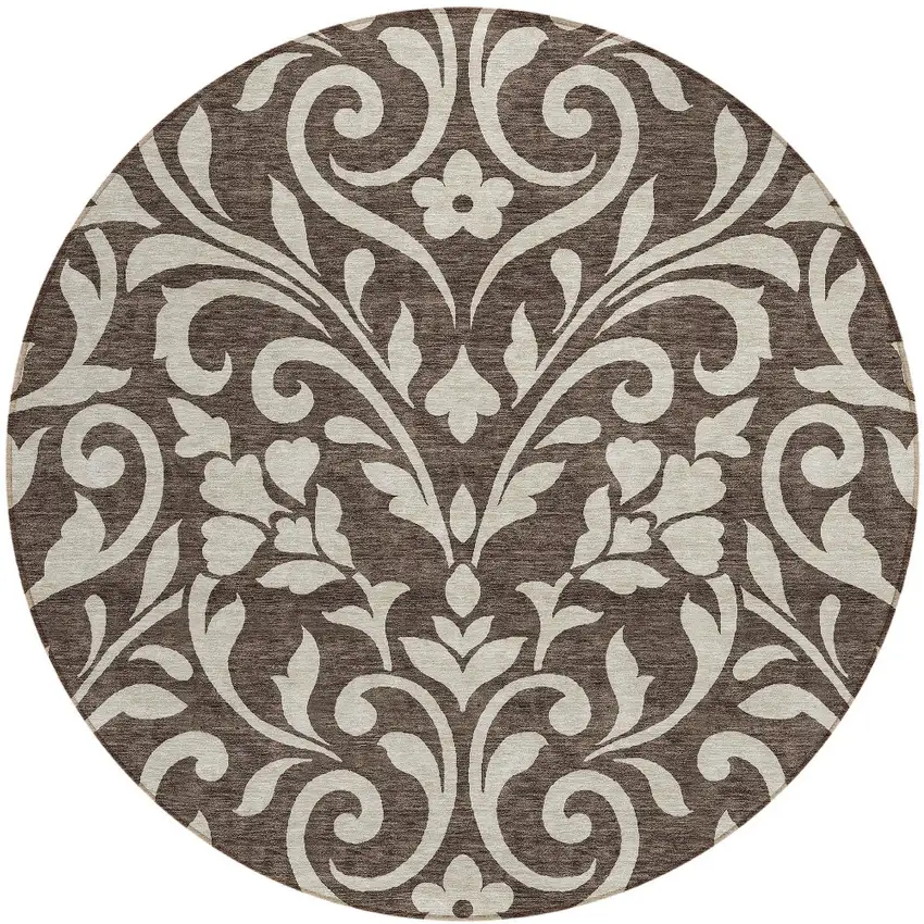 8' Chocolate And Ivory Round Floral Washable Indoor Outdoor Area Rug Photo 5