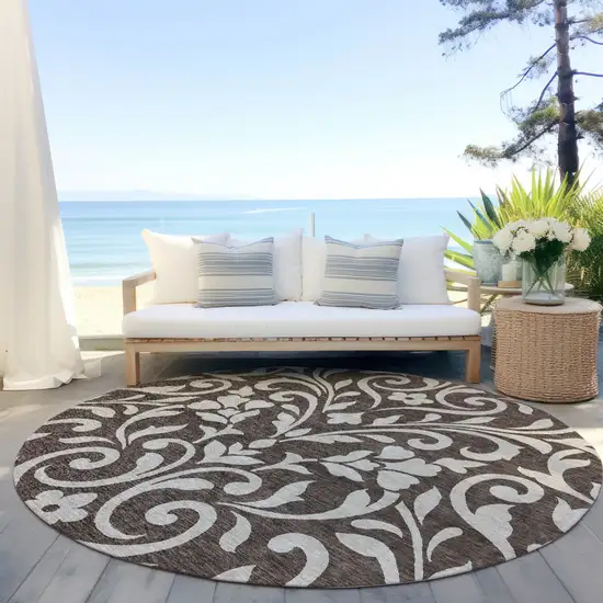 8' Chocolate And Ivory Round Floral Washable Indoor Outdoor Area Rug Photo 6